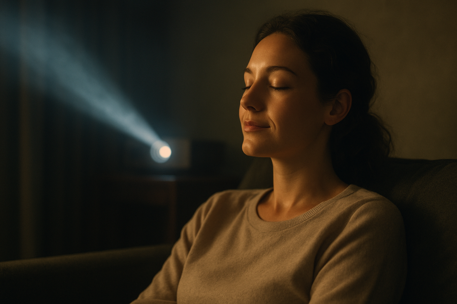 calm lady watching projector in realistic style